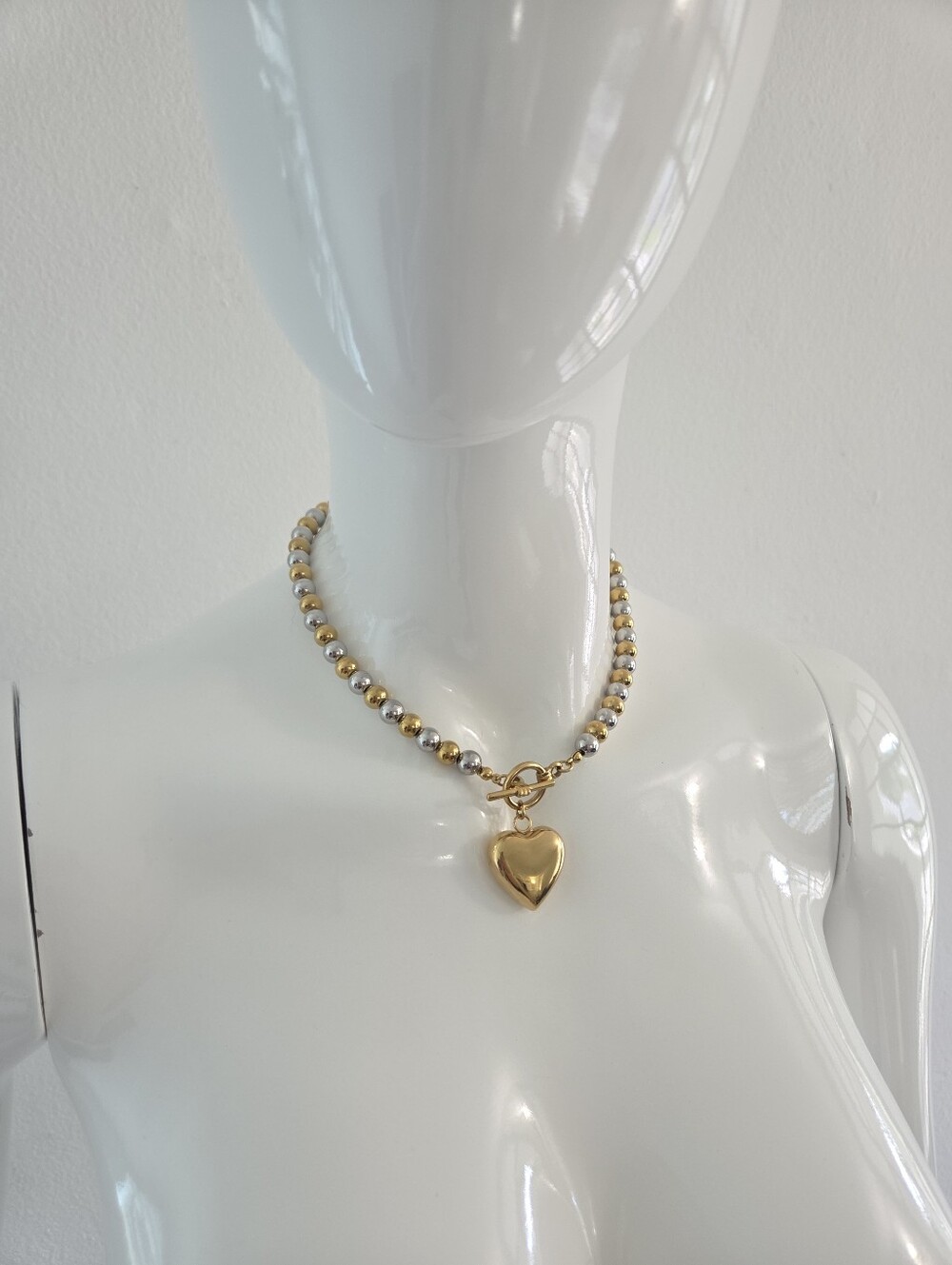 Two Tone Gold Silver Beaded Heart Pendant Toggle Necklace - Picture 12 of 14